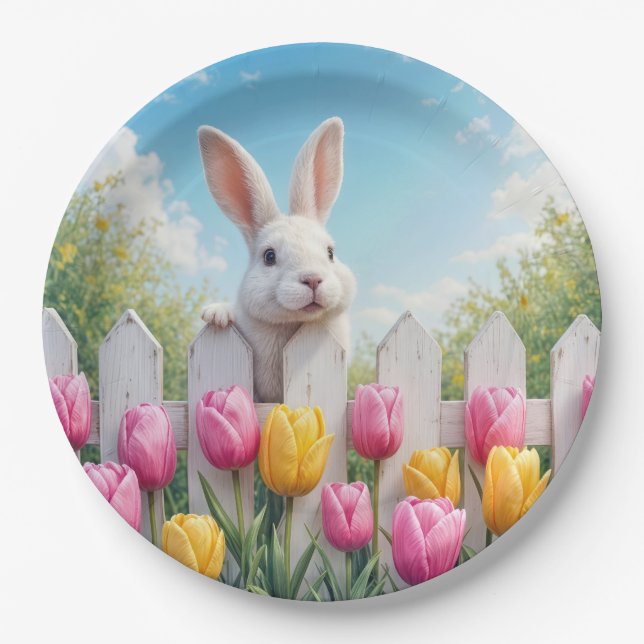 Easter White Bunny In a Tulip Garden Paper Plate (Front)