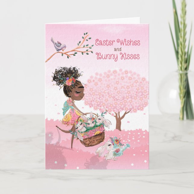 Easter Wishes Bunny Kisses Brown Skin Girl Holiday Card (Front)