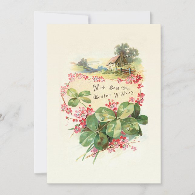 Easter Wishes with Clover and Wild Roses Holiday Card (Front)