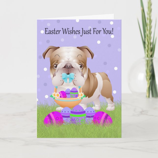 Easter With Little Bulldog With Easter Basket Holiday Card (Front)