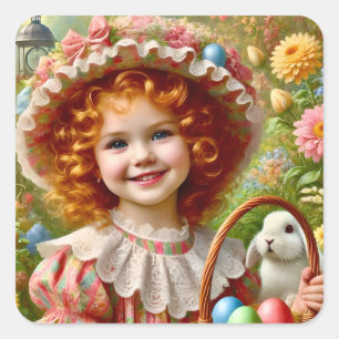 EASTER ~WOW! VINTAGE GIRL ~  SQUARE STICKER
