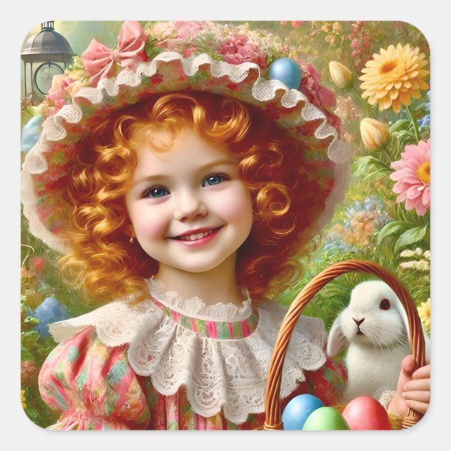 EASTER ~WOW! VINTAGE GIRL ~  SQUARE STICKER (Front)