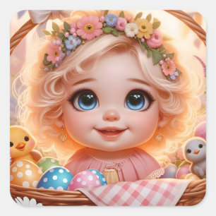 EASTER ~WOW! VINTAGE GIRL ~ SQUARE STICKER