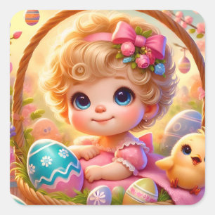 EASTER ~WOW! VINTAGE GIRL ~  SQUARE STICKER