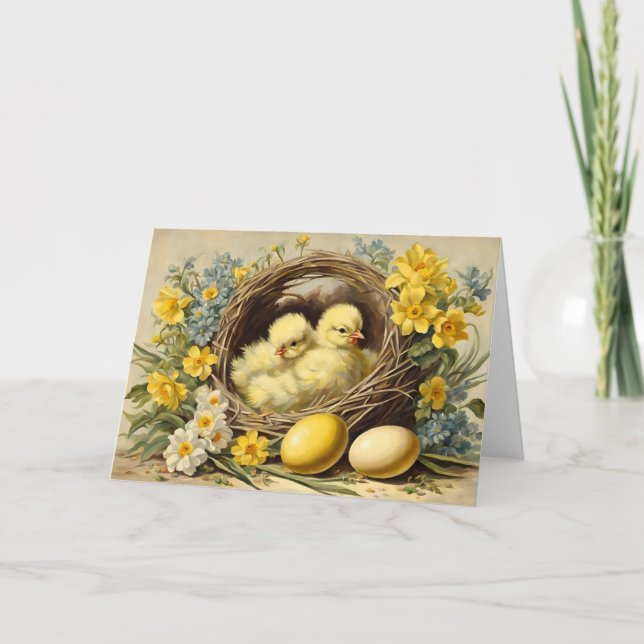 Easter Yellow Baby Chicks in a Basket and Flowers  Holiday Card (Front)