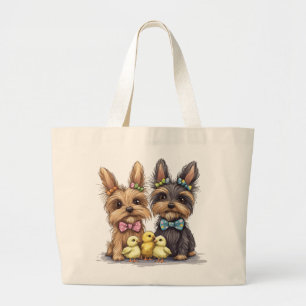 Easter Yorkshire Terrier Dogs Large Tote Bag