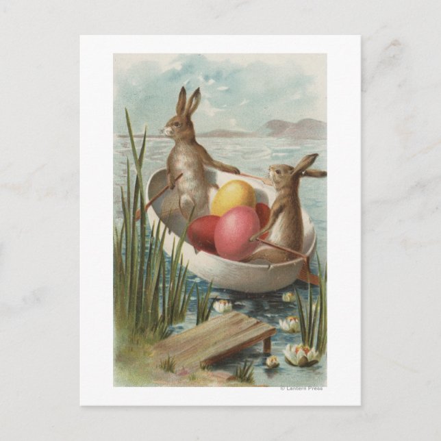 EasterBunnies in a Boat with Coloured Eggs Holiday Postcard (Front)