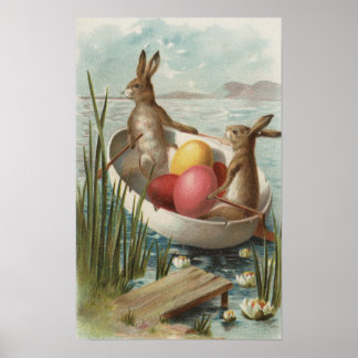 EasterBunnies in a Boat with Coloured Eggs Poster