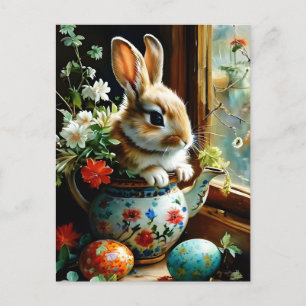 Easterbunny with painted eggs florals postcard