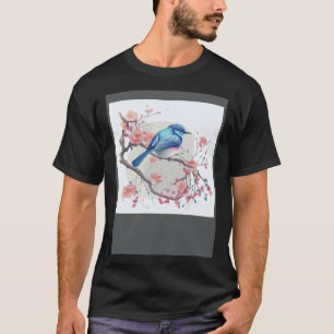 Eastern Blue Bird on Japanese Pink Cherry Blossom T-Shirt