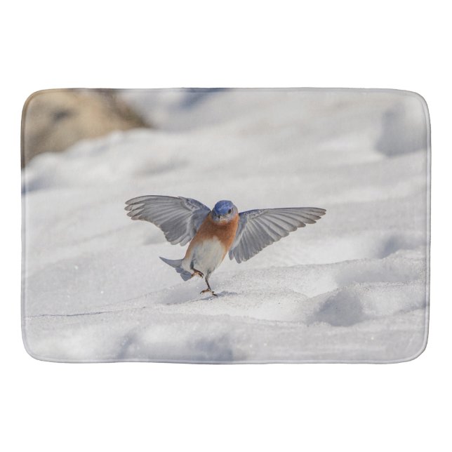 Eastern Bluebird dancing in the snow Bath Mat (Front)