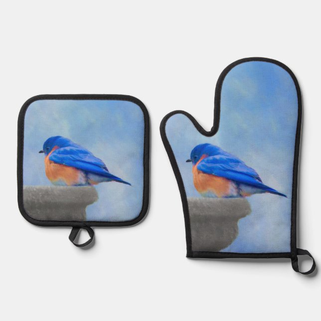 Eastern Bluebird on Birdbath Original Bird Art Oven Mitt & Pot Holder Set (Front)