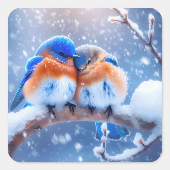 Eastern Bluebirds Snuggling On a Snowy Branch Square Sticker (Front)