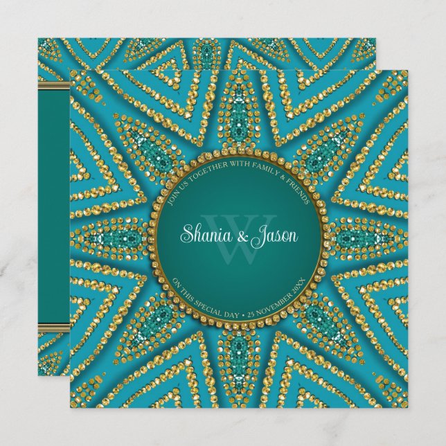Eastern Bohemian Sun Gold & Teal Sparkle Invitation (Front/Back)