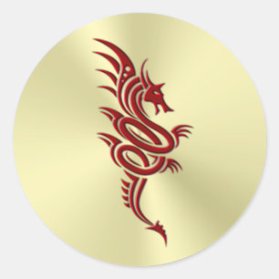Eastern Crimson Dragon, Embossed-effect on Gold Classic Round Sticker