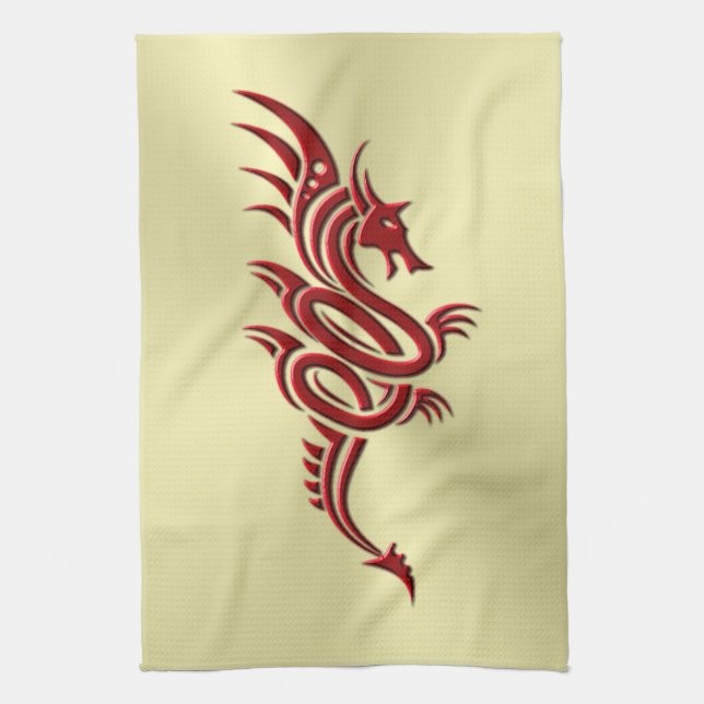 Eastern Crimson Dragon, Embossed-effect on Gold Tea Towel (Vertical)