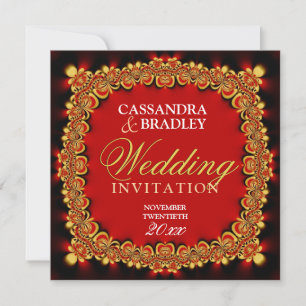 Eastern Fire Red Gold Lace Wedding Invitations