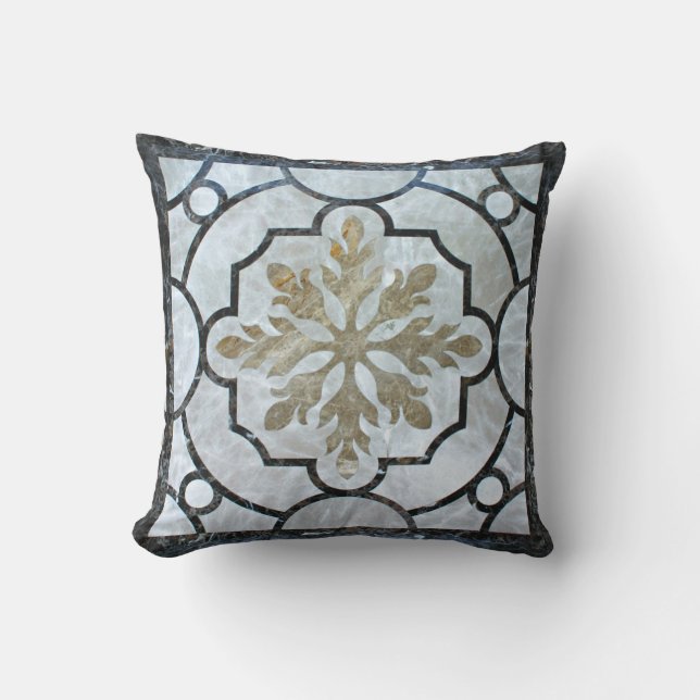 Eastern Floral Marble Pattern Greyish Blue & Gold Outdoor Cushion (Front)