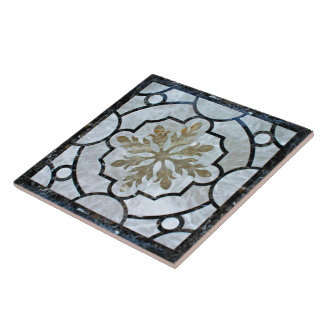 Eastern Floral Marble Pattern Greyish Blue & Gold Tile