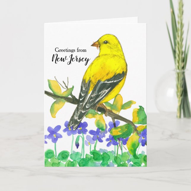 Eastern Goldfinch Bird Purple Wood Violets Holiday Card (Front)