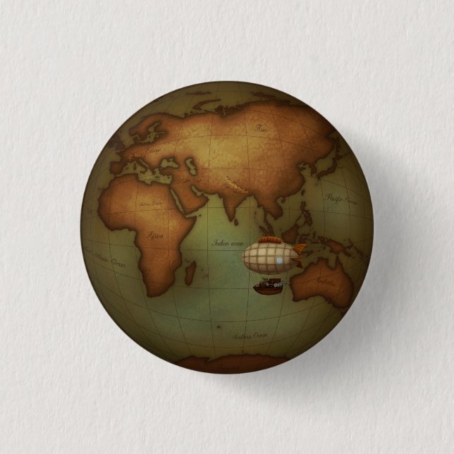 Eastern Hemisphere Map With Airship Steampunk 3 Cm Round Badge (Front)
