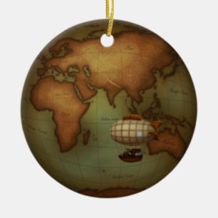 Eastern Hemisphere Steampunk Map & Hot Air Balloon Ceramic Tree Decoration