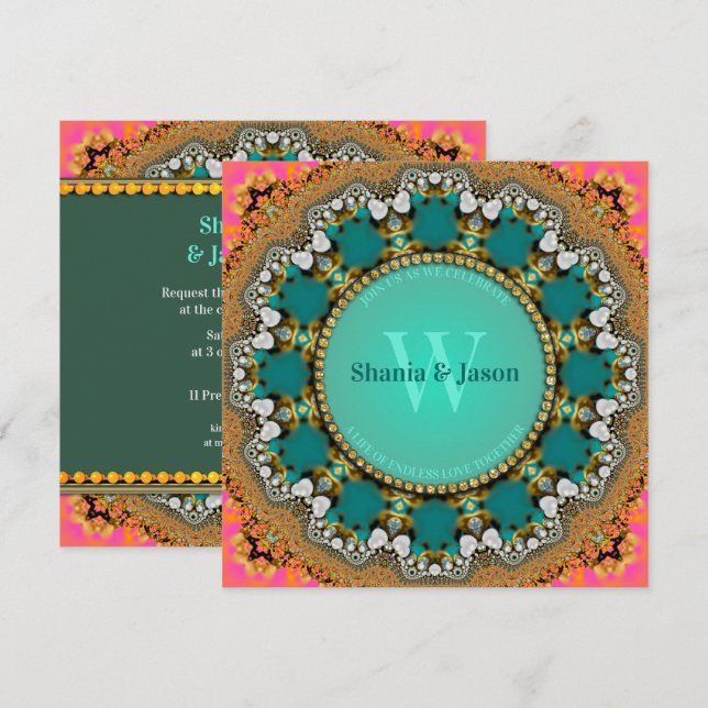 Eastern Jewel Tribal Fusion Teal Gold & Hot Pink Invitation (Front/Back)