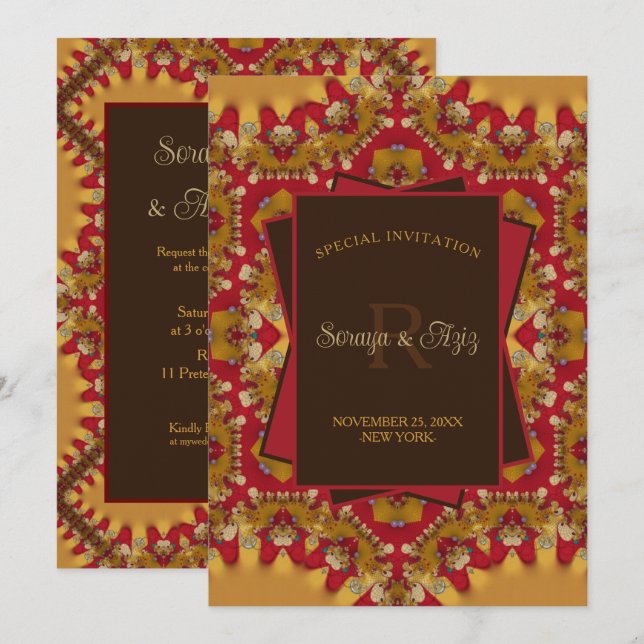 Eastern Red Gold Satin Lace Monogram Special Event Invitation (Front/Back)
