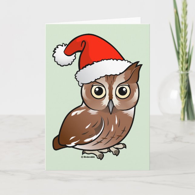 Eastern Screech Owl Santa Holiday Card (Front)