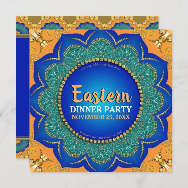 Eastern Spice Orange Royal Blue Gold Dinner Party Invitation (Front/Back)