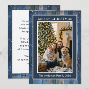 Easy 1 Photo Blue Rustic Wood Custom Holiday Card