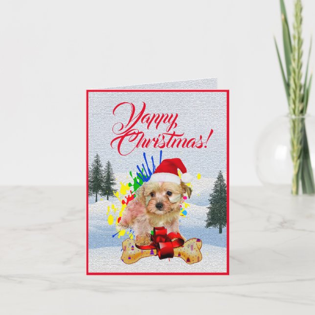 Easy Customisable Cute Morkie Dog Xmas Card (Front)