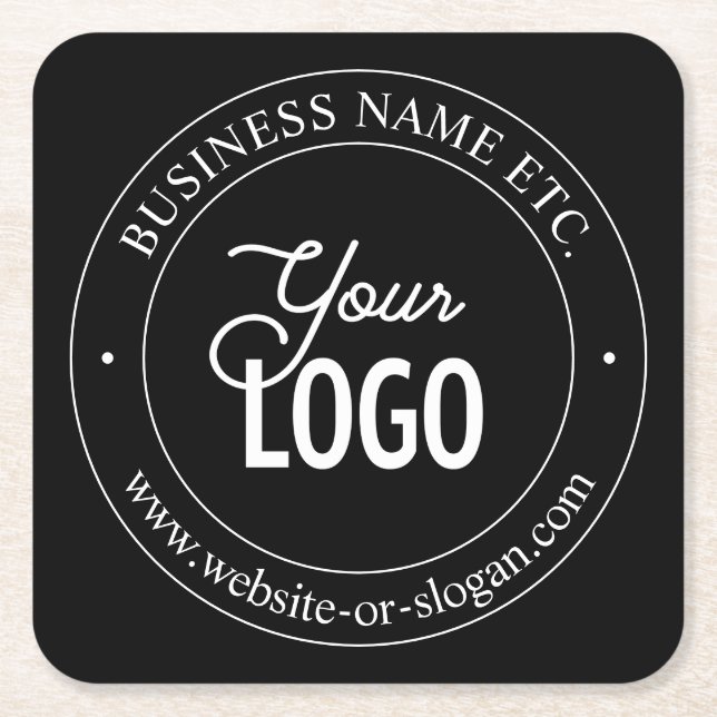 Easy Logo Replacement & Customisable Text | Black Square Paper Coaster (Front)