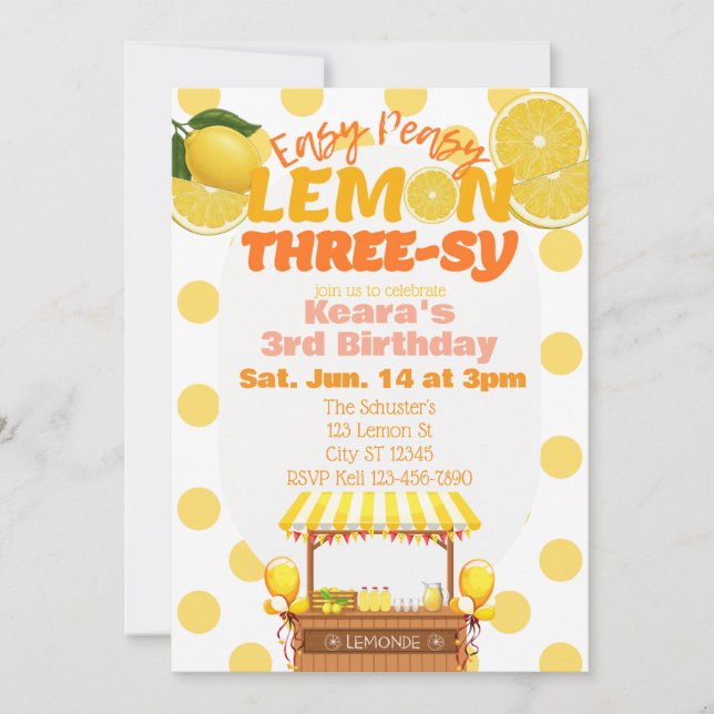 Easy Peasy Lemon Three-sy, Lemon 3rd Birthday Invitation (Front)