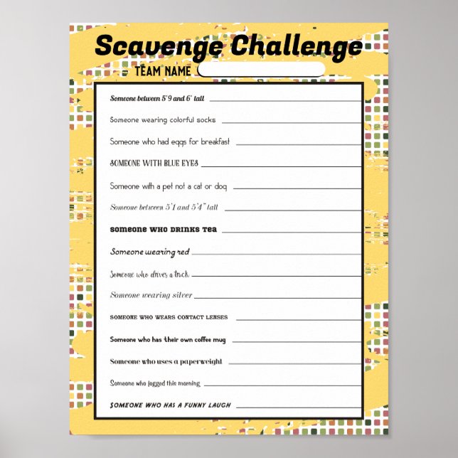 Easy scavenger hunt office ice breaker game poster (Front)