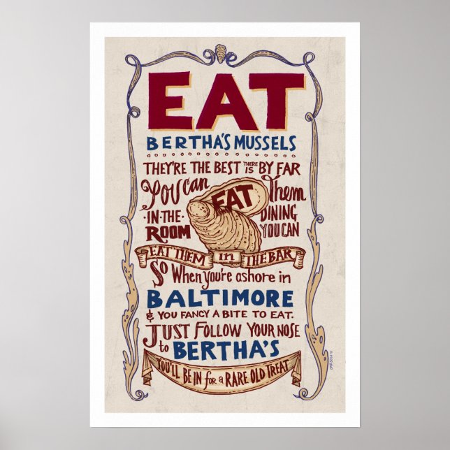 Eat Bertha's Mussels Broadside Poster (Front)