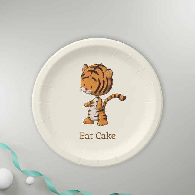 Eat Cake Cute Jungle Tiger Illustration Birthday Paper Plate (Creator Uploaded)