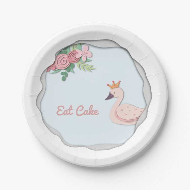 Eat Cake Elegant Floral Pink Swan with Crown Paper Plate (Front)