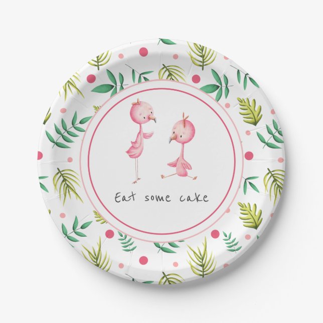 Eat Cake Tropical Floral Flamingo Party Paper Plate (Front)