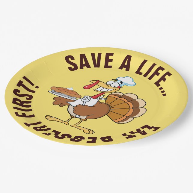 Eat Dessert First! Thanksgiving Turkey Cartoon Paper Plate (Angled)