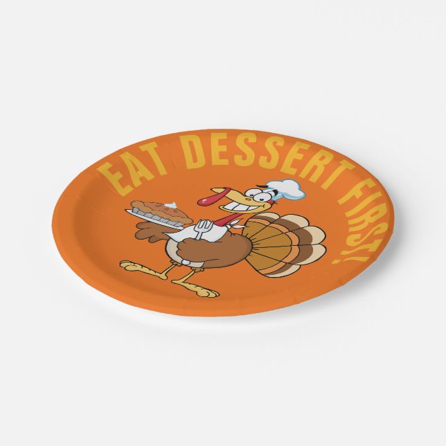 Eat Dessert First! Thanksgiving Turkey Cartoon Paper Plate (Angled)