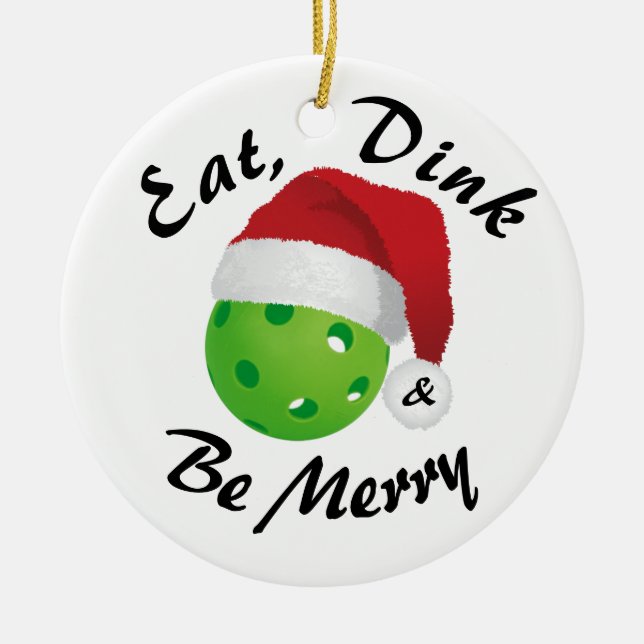 Eat, Dink and Be Merry Christmas Pickleball Santa Ceramic Tree Decoration (Front)