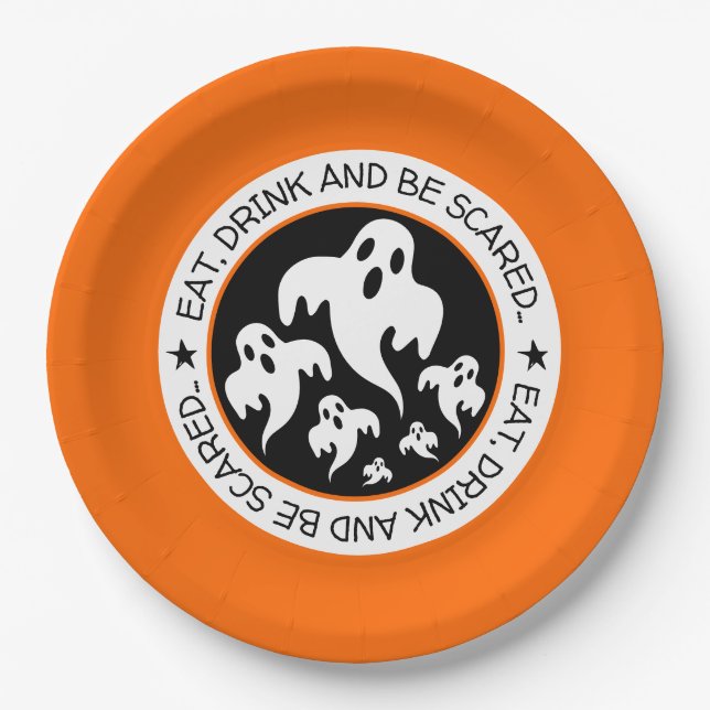 Eat, Drind and be Scared Happy Halloween Ghosts Paper Plate (Front)