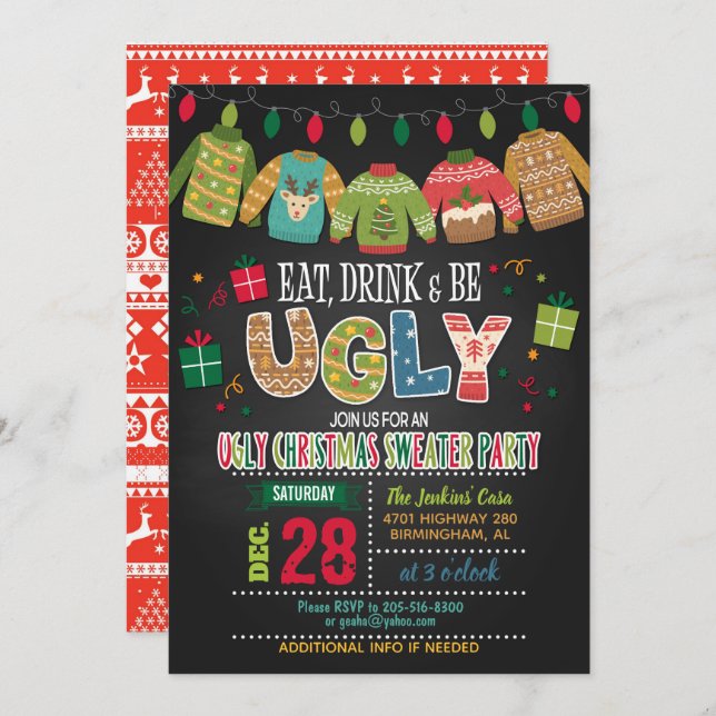 Eat, Drink an Be Ugly Ugly Christmas Sweater Party Invitation (Front/Back)