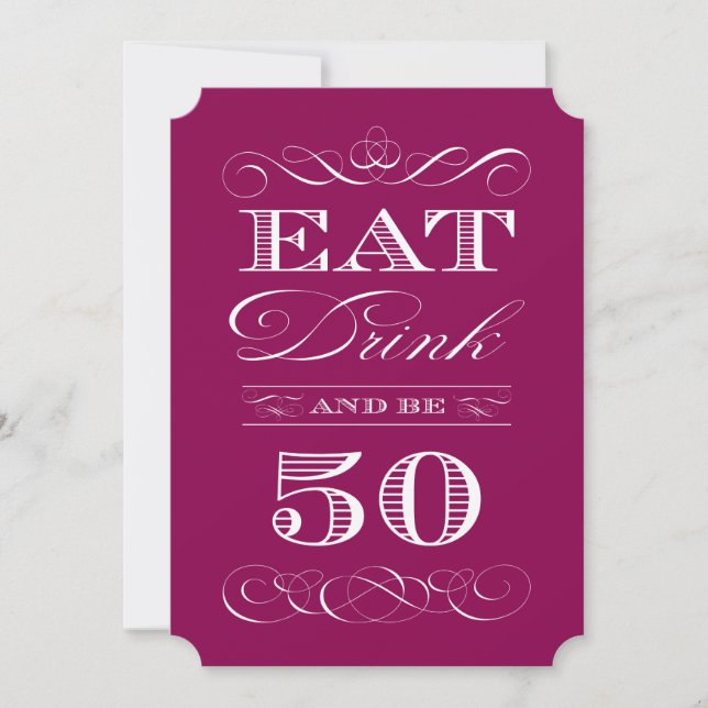 Eat Drink and be Fifty Purple Mauve Birthday Party Invitation (Front)