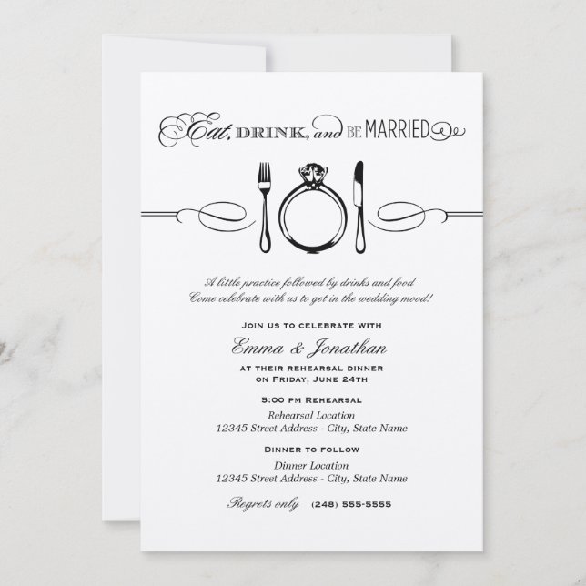 Eat Drink and Be Married Black Rehearsal Dinner Invitation (Front)