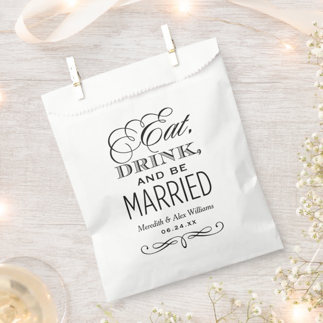 Eat Drink and Be Married Black Wedding Monogram Favour Bags (Clipped)