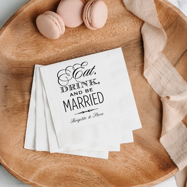 Eat Drink and Be Married Black Wedding Monogram Napkin (Creator Uploaded)