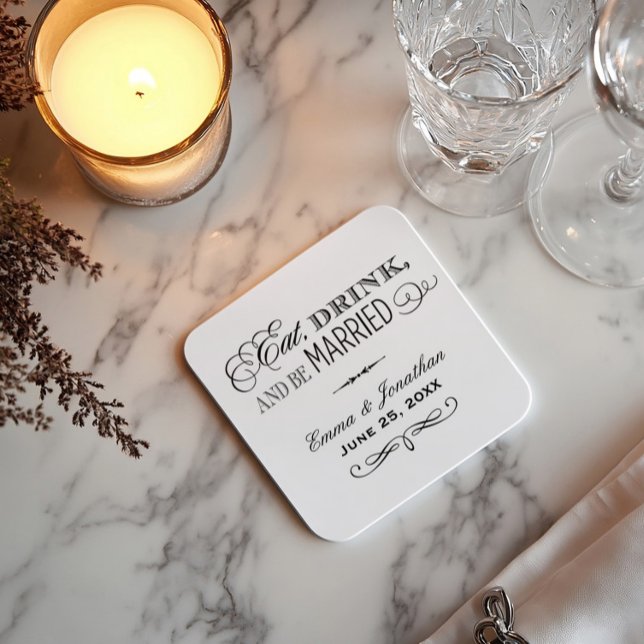 Eat Drink and Be Married Black Wedding Monogram Square Paper Coaster (Creator Uploaded)