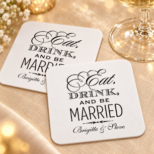 Eat Drink and Be Married Black Wedding Square Paper Coaster